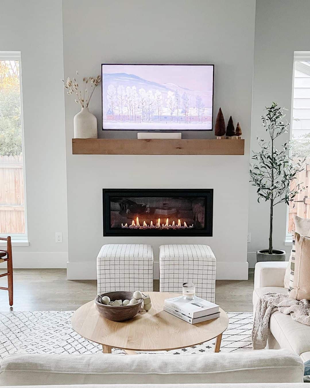 Poufs in front of fireplace discount