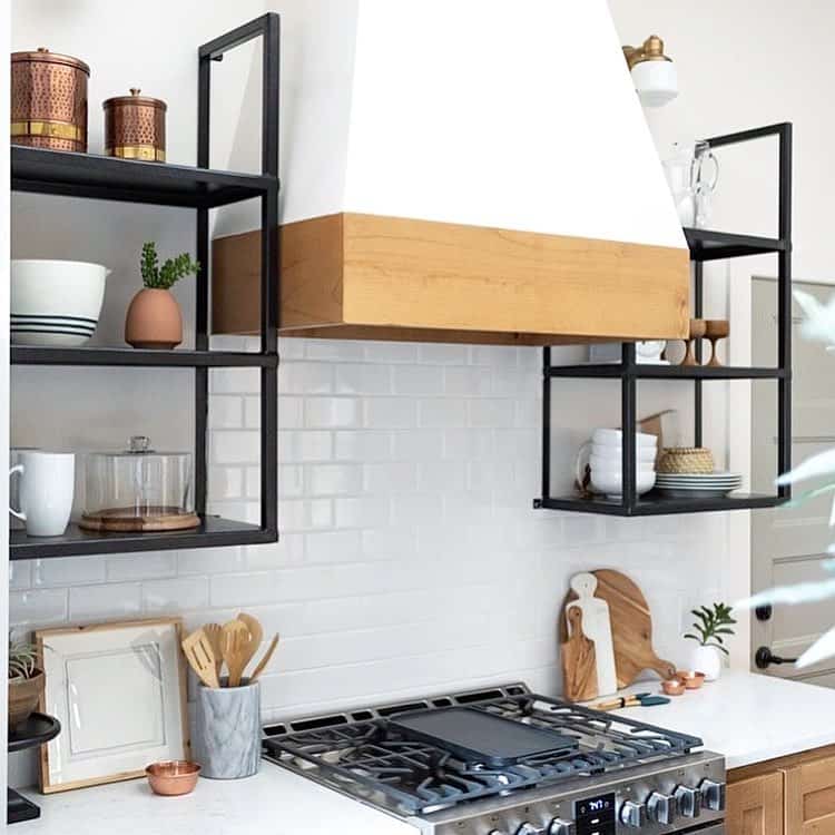 White Range Hood With Black Open Shelves