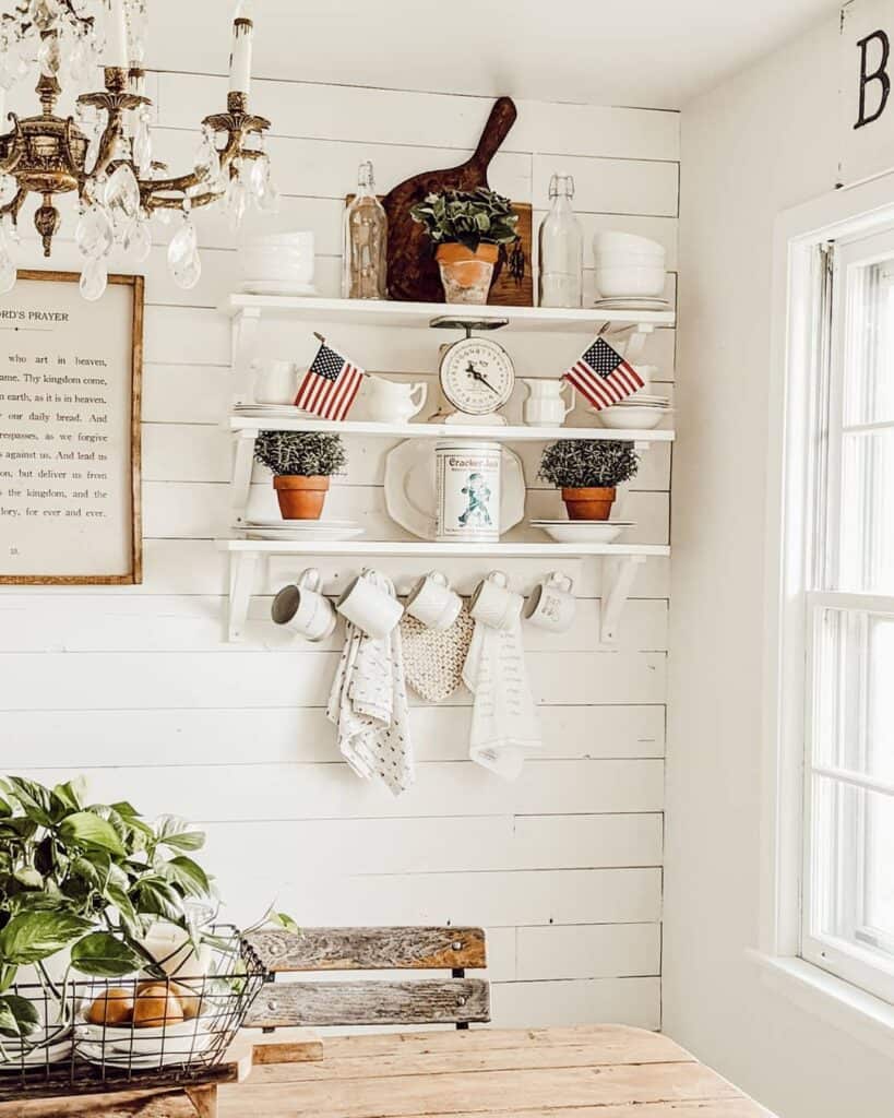 White Shelves On Kitchen Wall With Shiplap Paneling