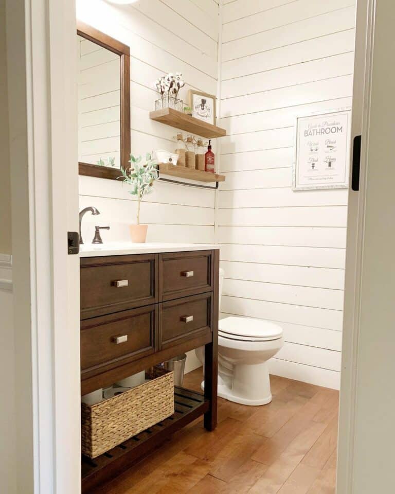 White Shiplap Bathroom With Rustic Vanity