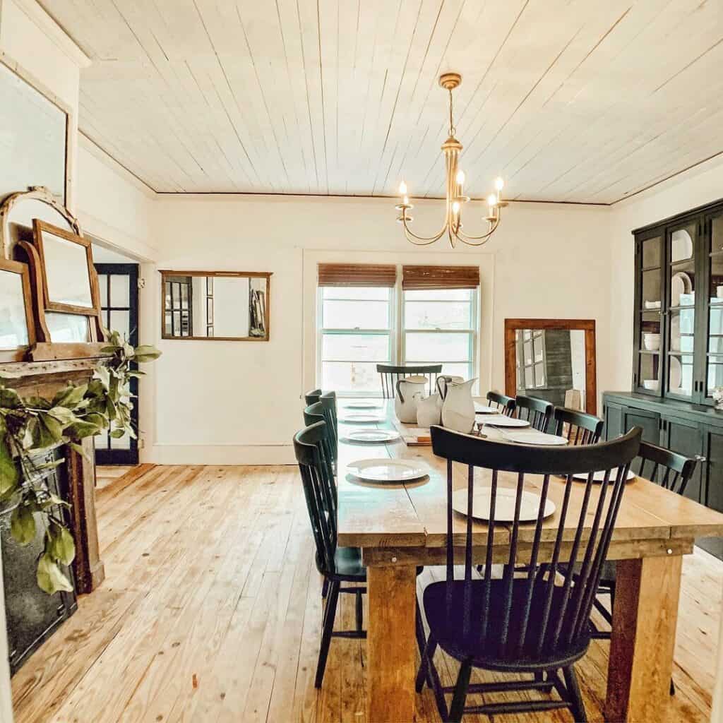 White Shiplap Ceiling with Gold Dining Room Light - Soul & Lane