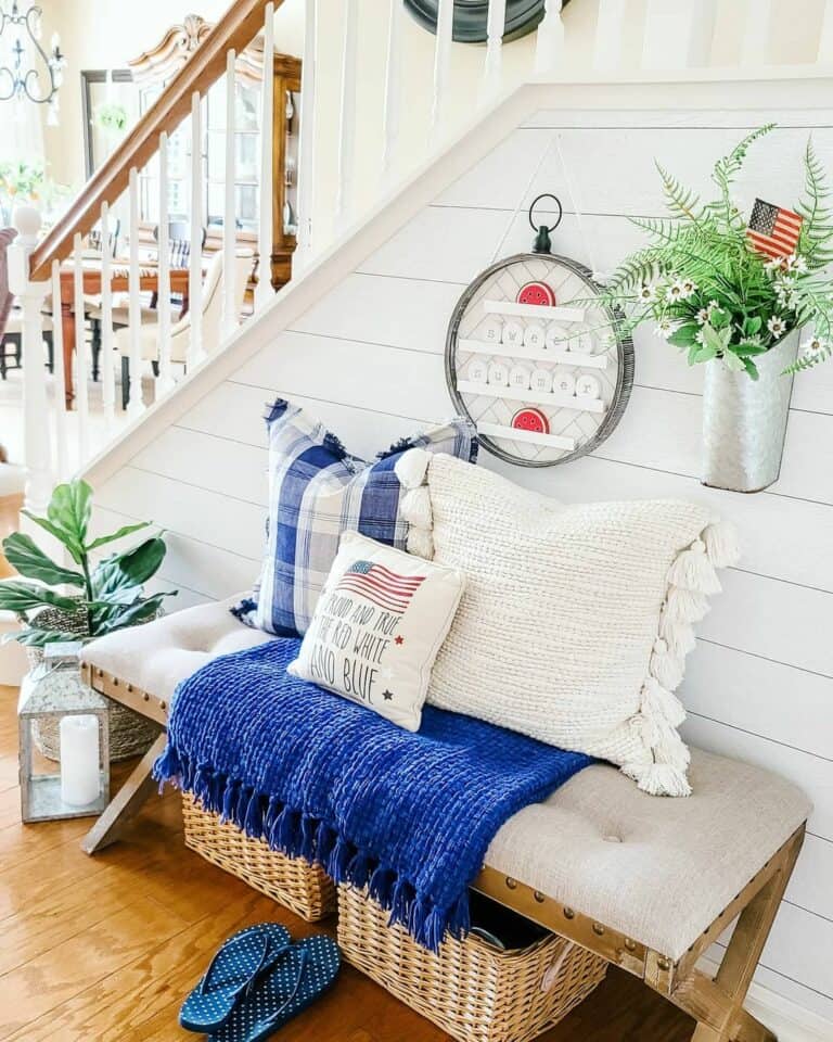 White Shiplap Entryway Wall with Patriotic Décor