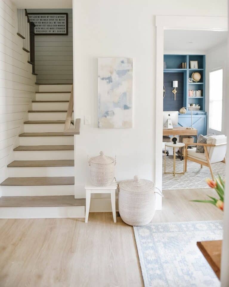 White Shiplap Entryway with Navy Blue Home Office