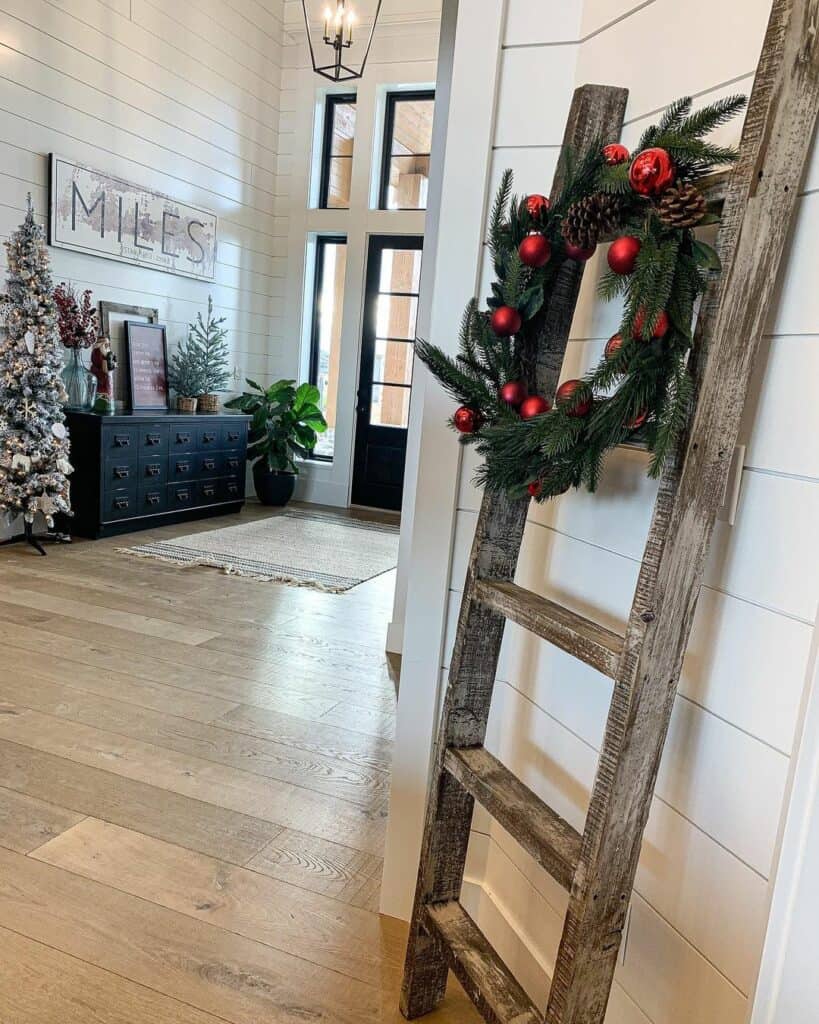 White Shiplap Entryway with Vintage Christmas Decorations