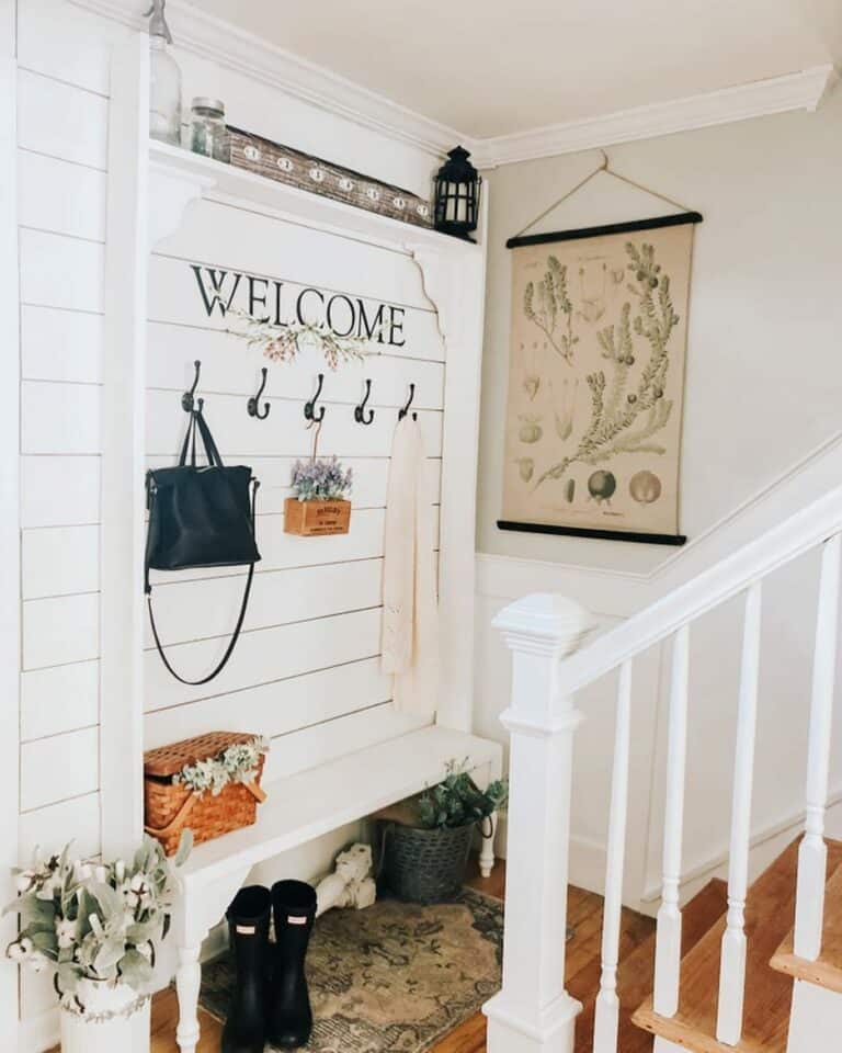 White Shiplap Entryway with Welcome Sign