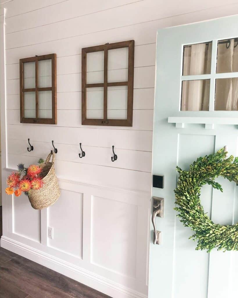 White Shiplap Entryway with White Board and Batten Wainscoting