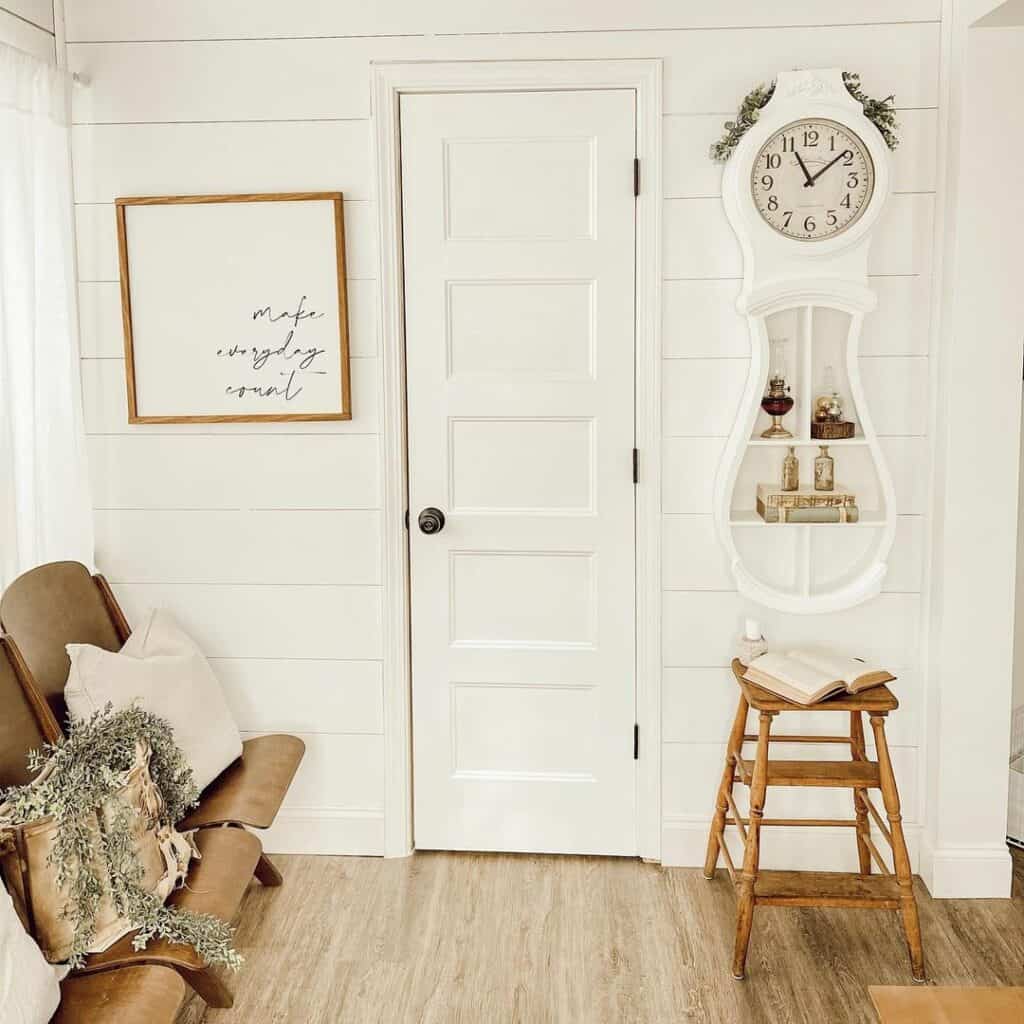 White Shiplap Entryway with Wood Accents