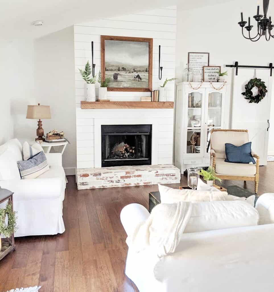 White Shiplap Fireplace with Wood Mantel