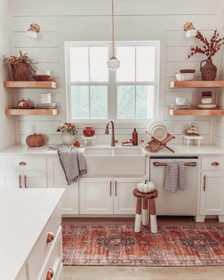 White Shiplap Kitchen Wall with White Frame Window