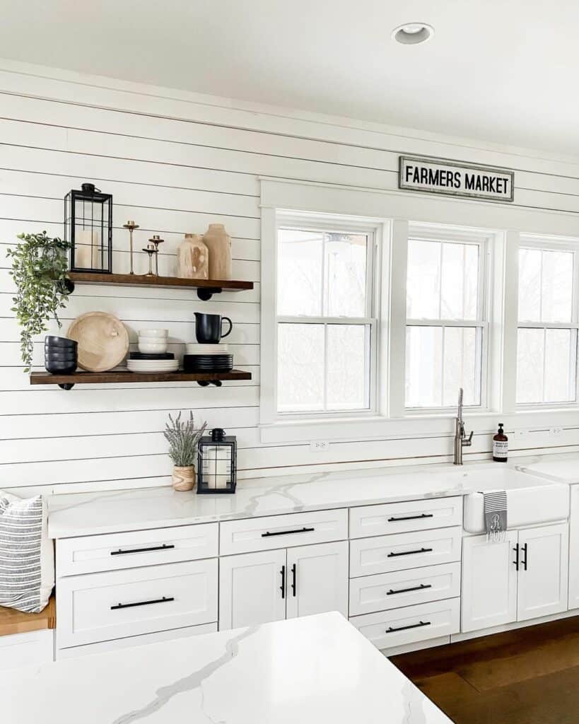 White Shiplap Kitchen with White Frame Windows