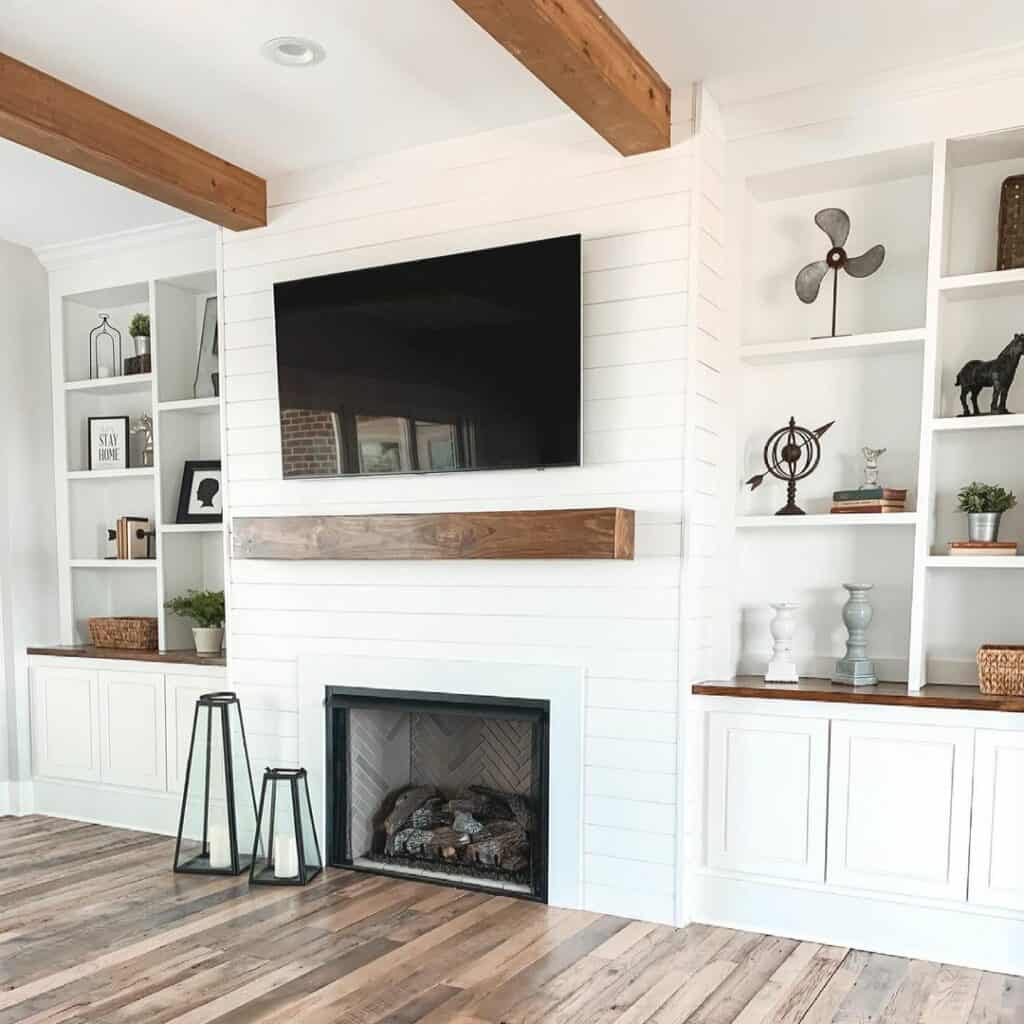 White Shiplap Living Room TV Wall with Built-in Shelving