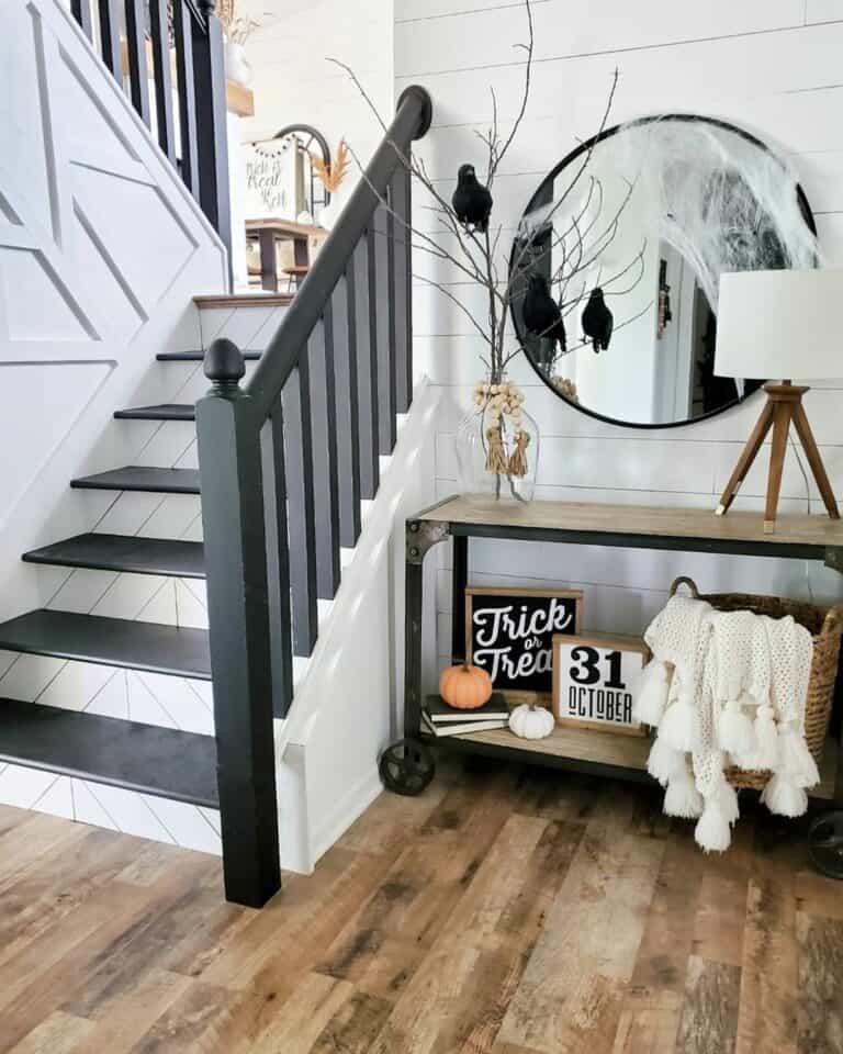 White Shiplap Stair Risers with Black Treads