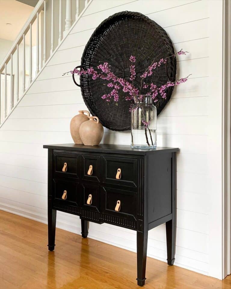 White Shiplap Stairway with Black Consul Table
