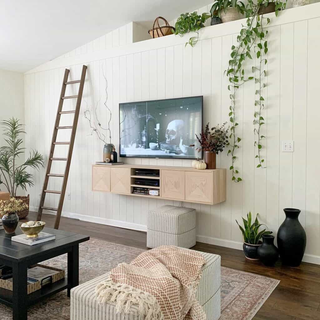 White Shiplap TV Wall with Botanical Accents