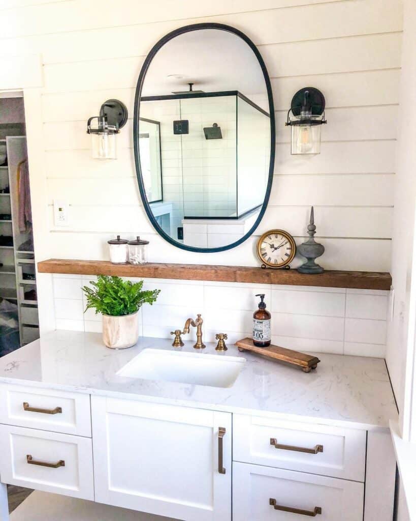 White Shiplap Wall and Thick Brass Drawer Pulls