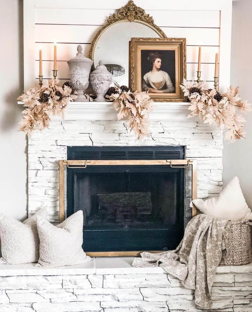 White Stone Fireplace with Autumn Fireplace Décor