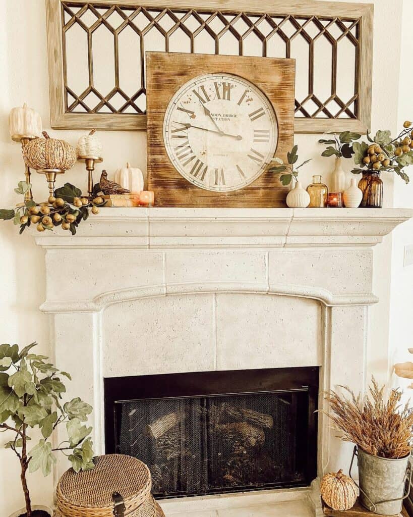 White Stone Fireplace with Autumn Mantel Décor