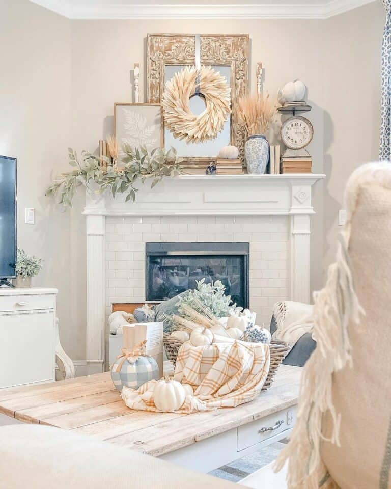 White Subway Tile Fireplace with Beige Fall Decorations