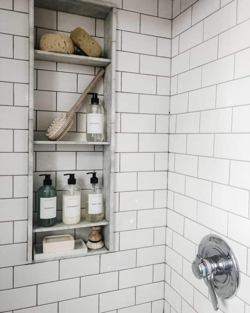 White Subway Tile Shower with Built-in Niche