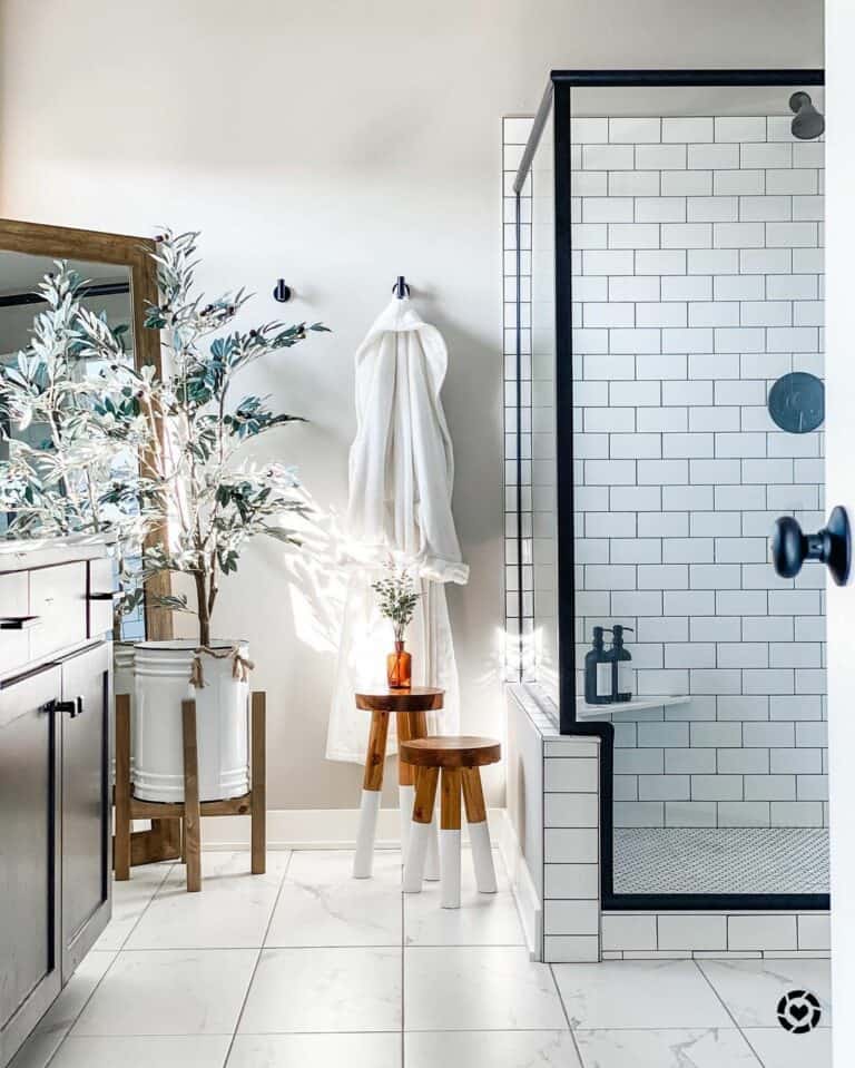 White Subway Tile Walk-In Shower with Black Framing