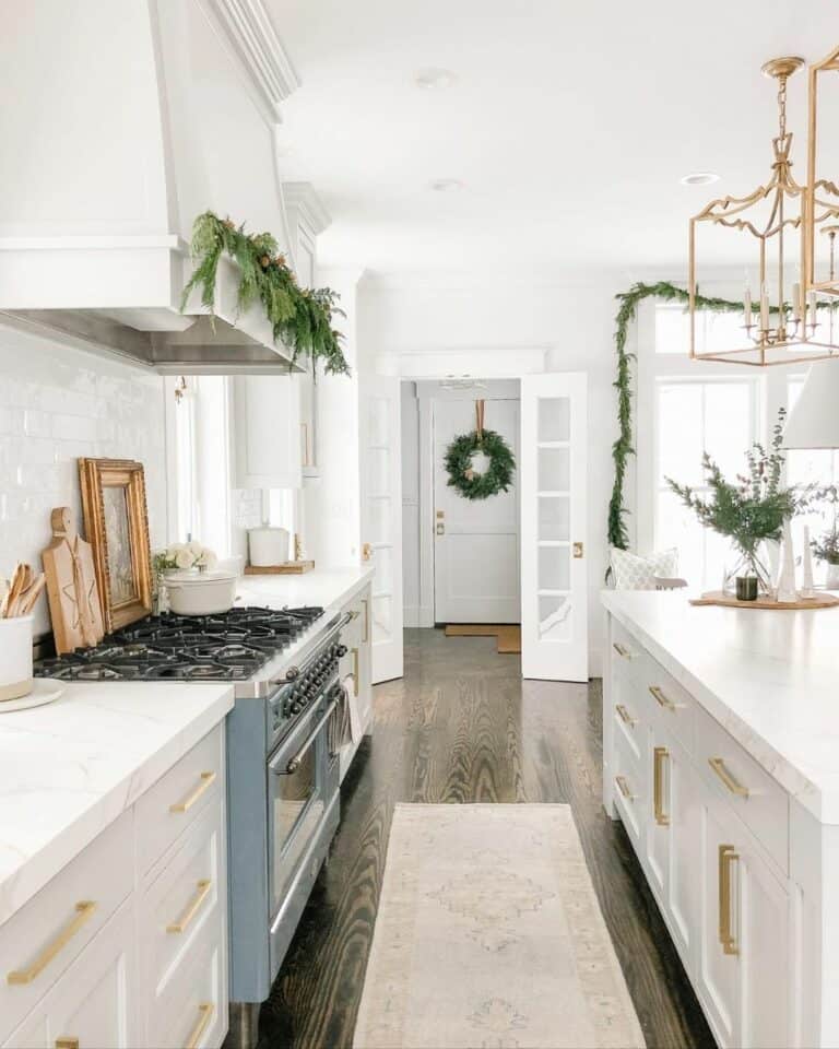 White Tile Backsplash and a Blue Stove