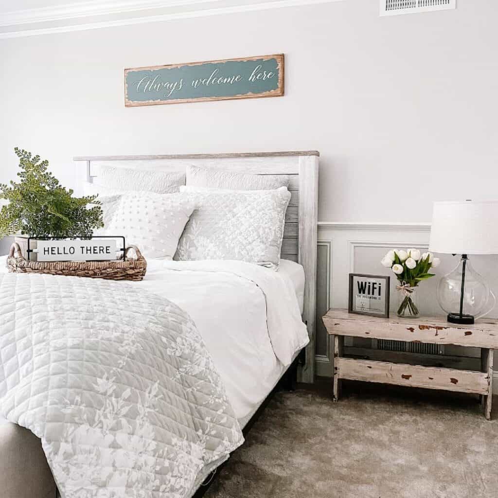 White Tulips on a Rustic Wooden Nightstand