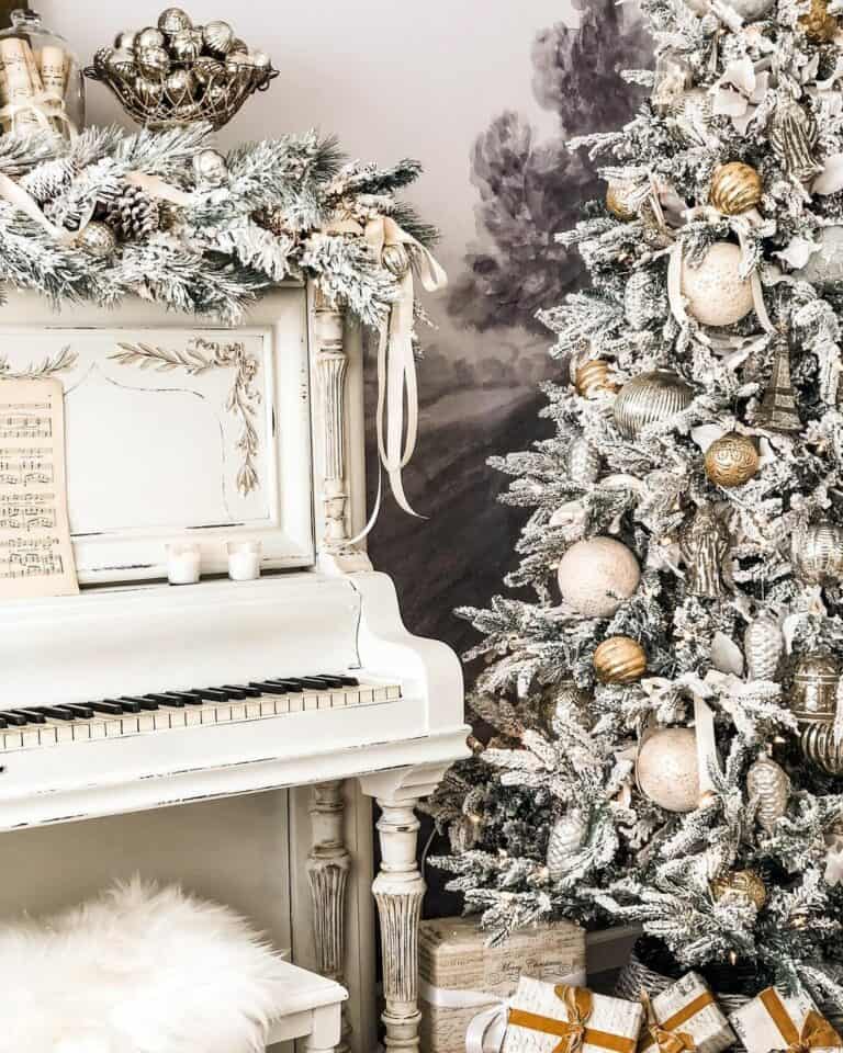 White Vintage Piano with Frosted Christmas Tree