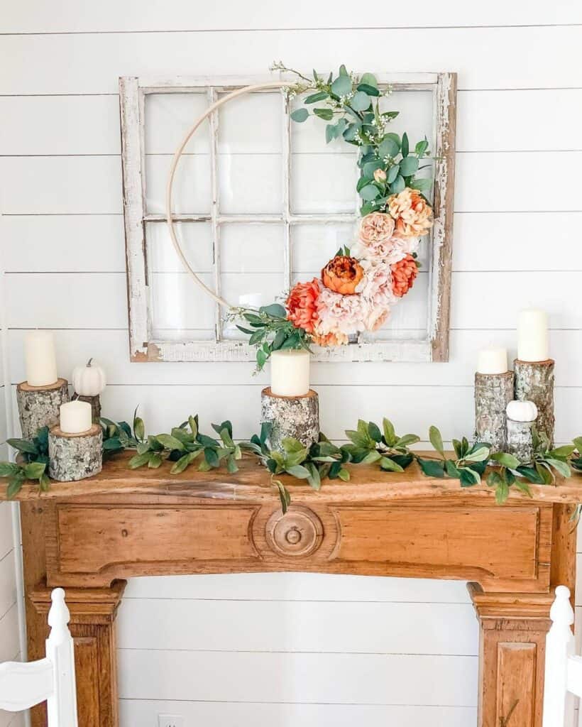 White Window Frame with Orange Floral Summer Wreath