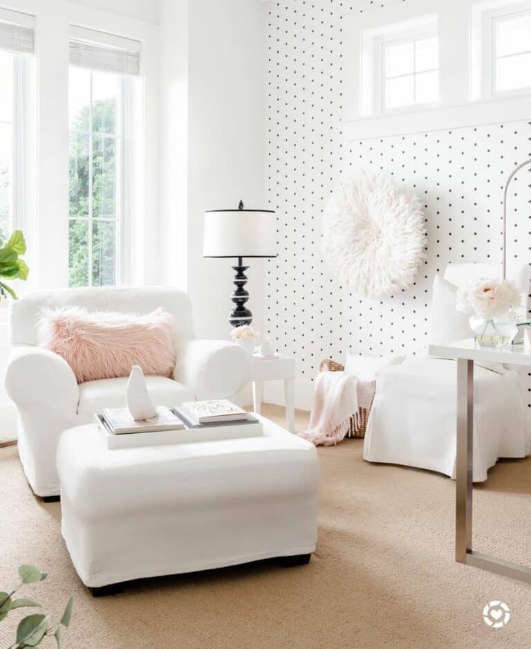 White and Airy Room with Polka Dot Wallpaper