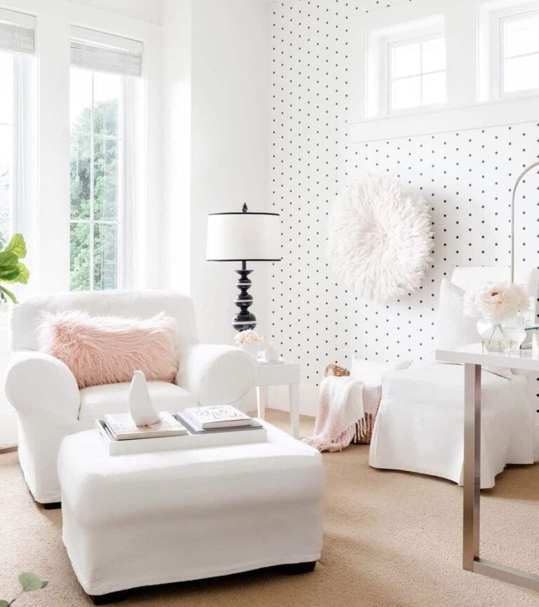 White and Airy Room with Polka Dot Wallpaper
