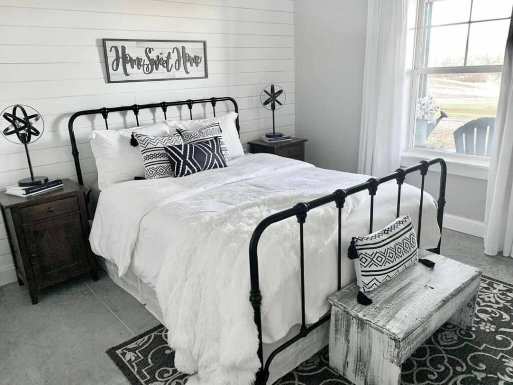 White and Black Farmhouse Bedroom with Shiplap