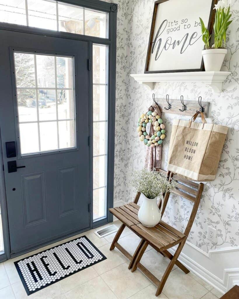 White and Gray Floral Print Entryway Wallpaper