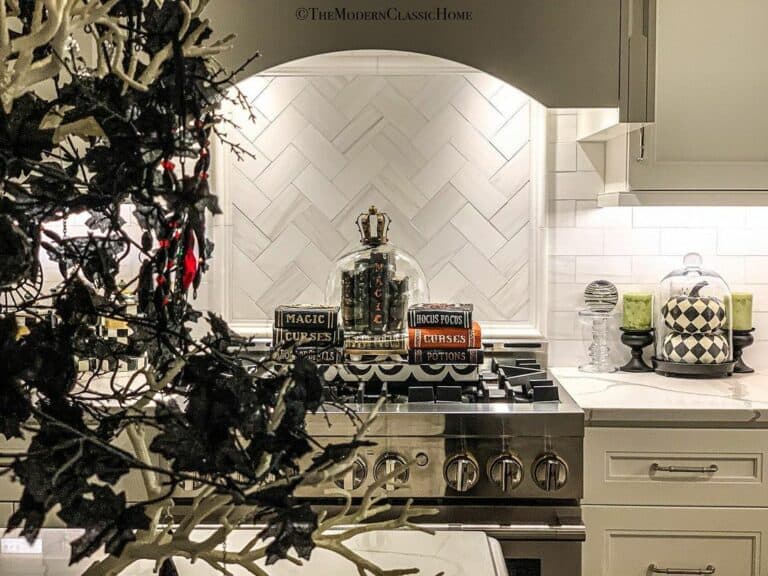 White and Gray Herringbone Accent Tile for Stove
