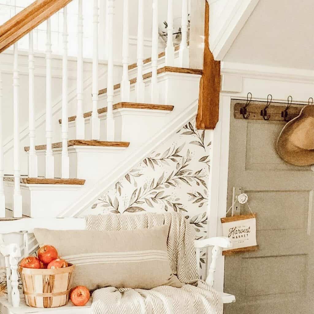 White and Gray Leaf Print Wallpaper Under Stairs