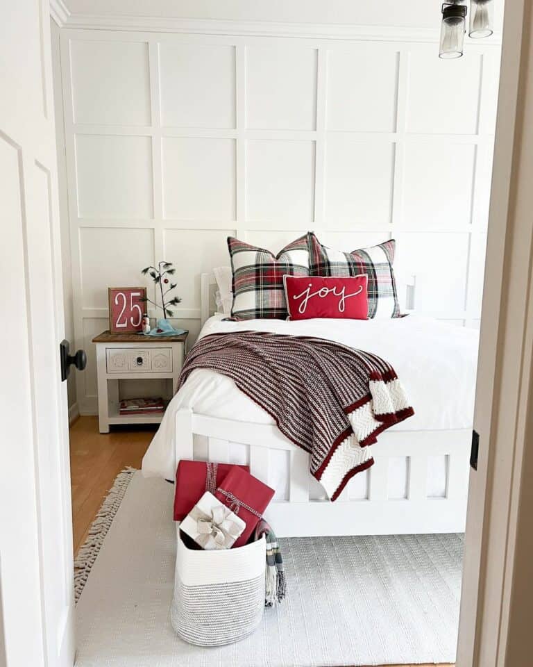 White and Red Plaid Christmas Bedroom