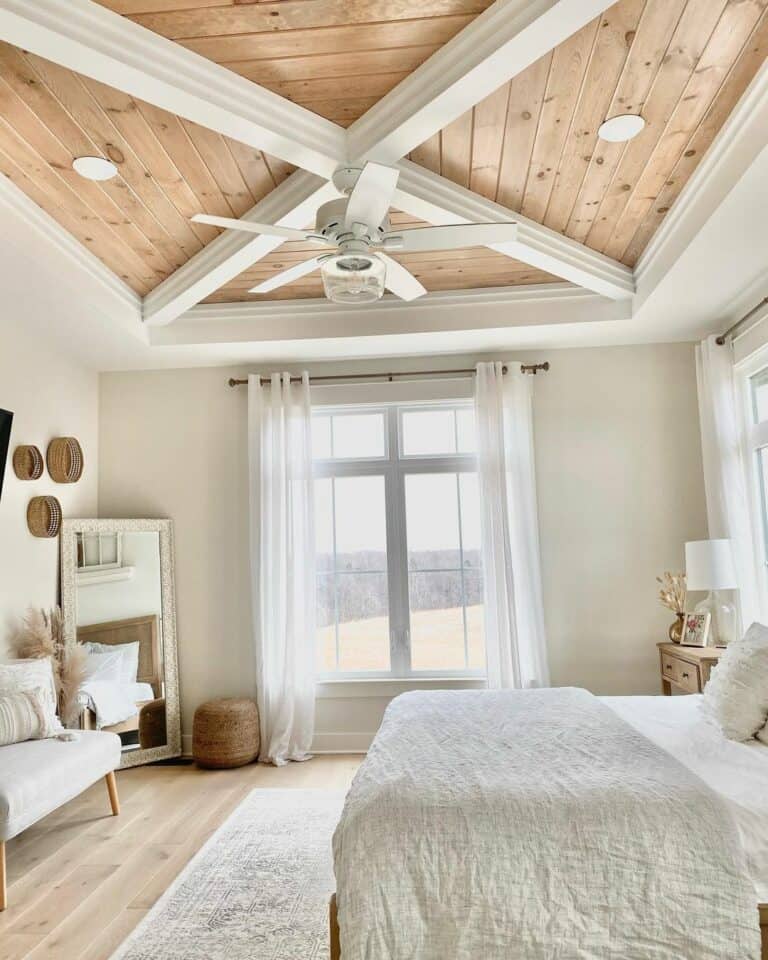 White and Wood Bedroom With Unique Ceiling Design