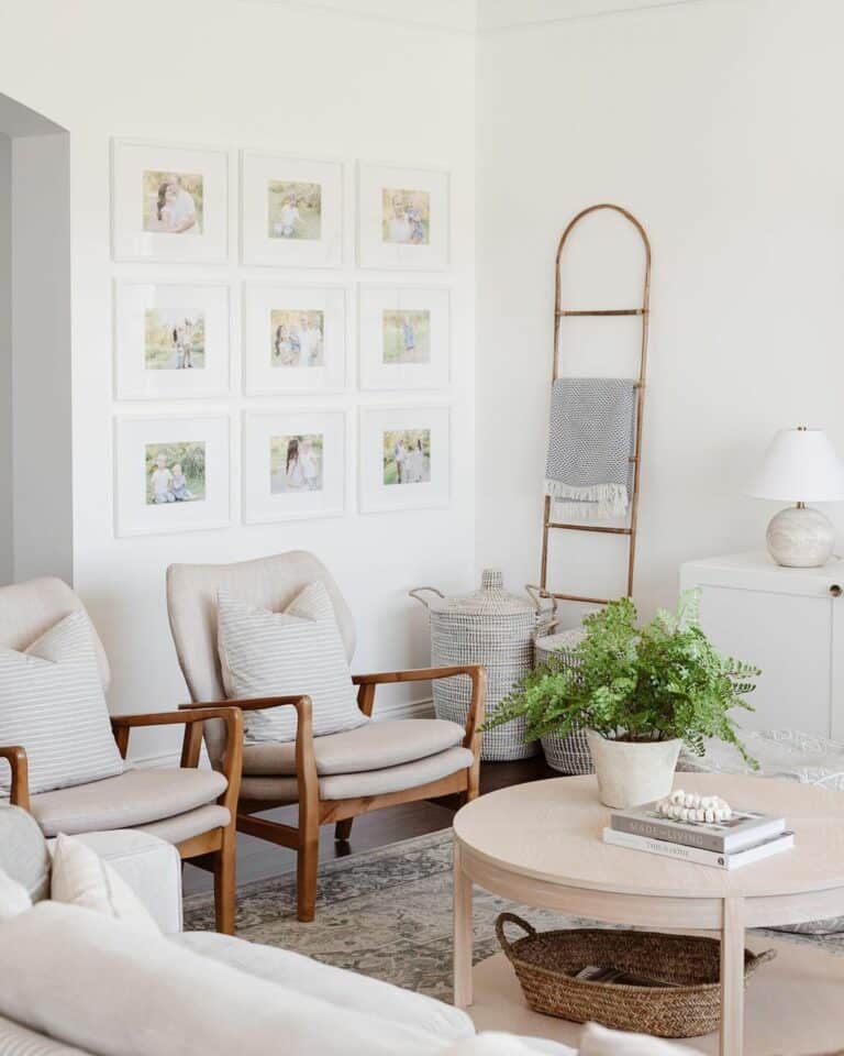 White and Wood Home with Blanket Ladder