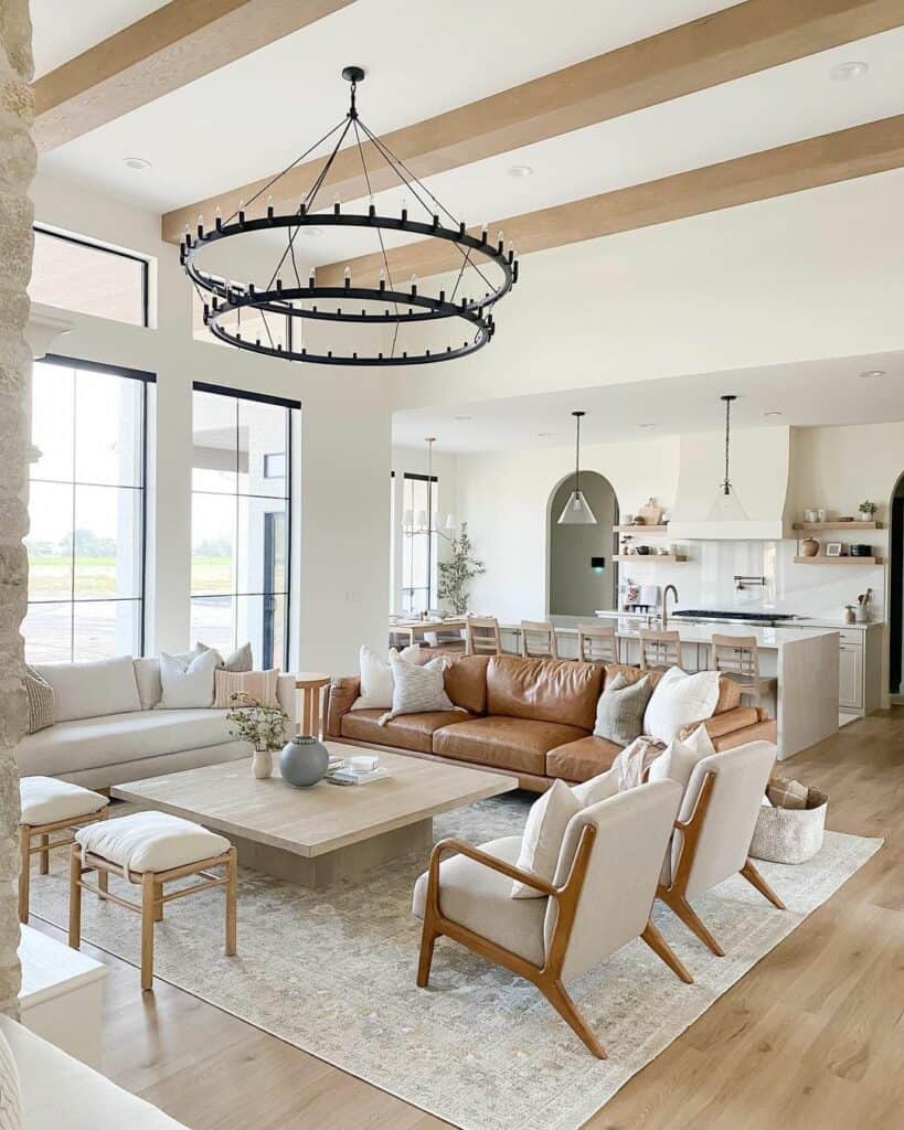 White and Wood Open-Concept Living Room