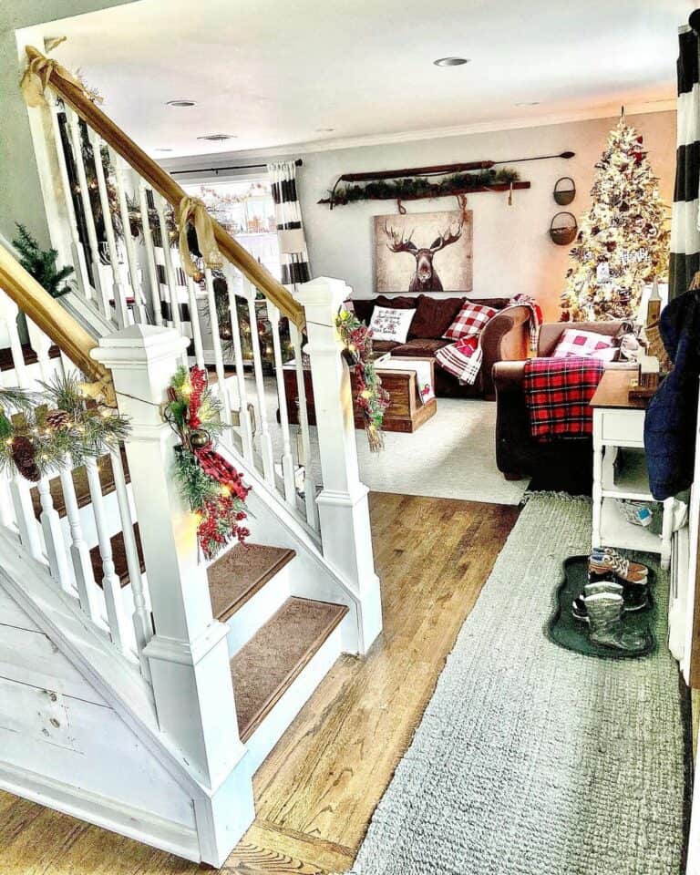 White and Wood Staircase with Holiday Décor