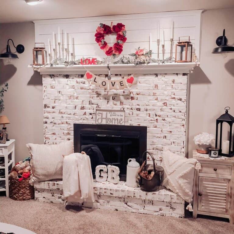 Whitewashed Brick Fireplace With Valentine's Décor Ideas