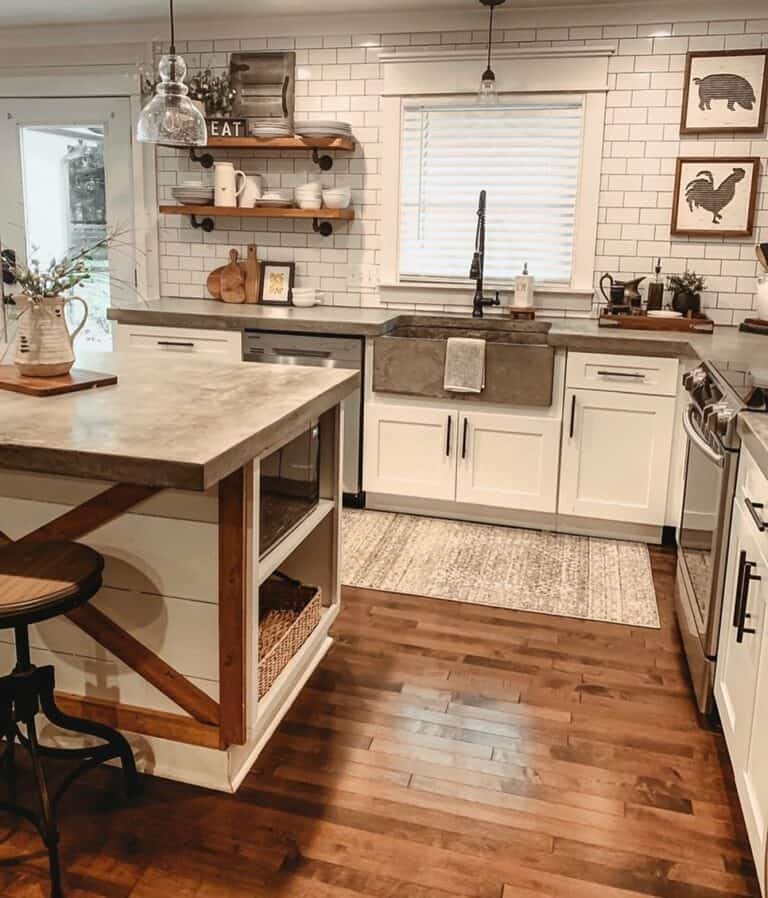 Wicker Basket on the Open Shelf Farmhouse Island