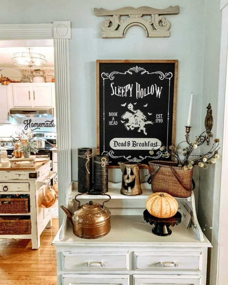 Wicker Baskets on Open Shelf Kitchen Island