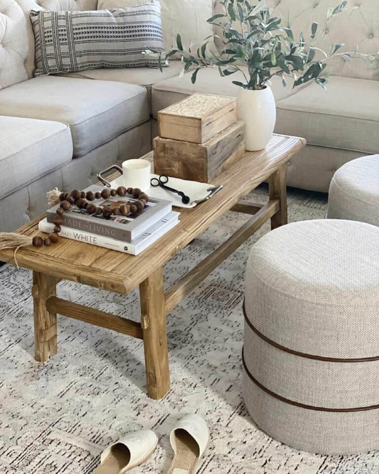 Wood Bench and Light Gray Ottomans