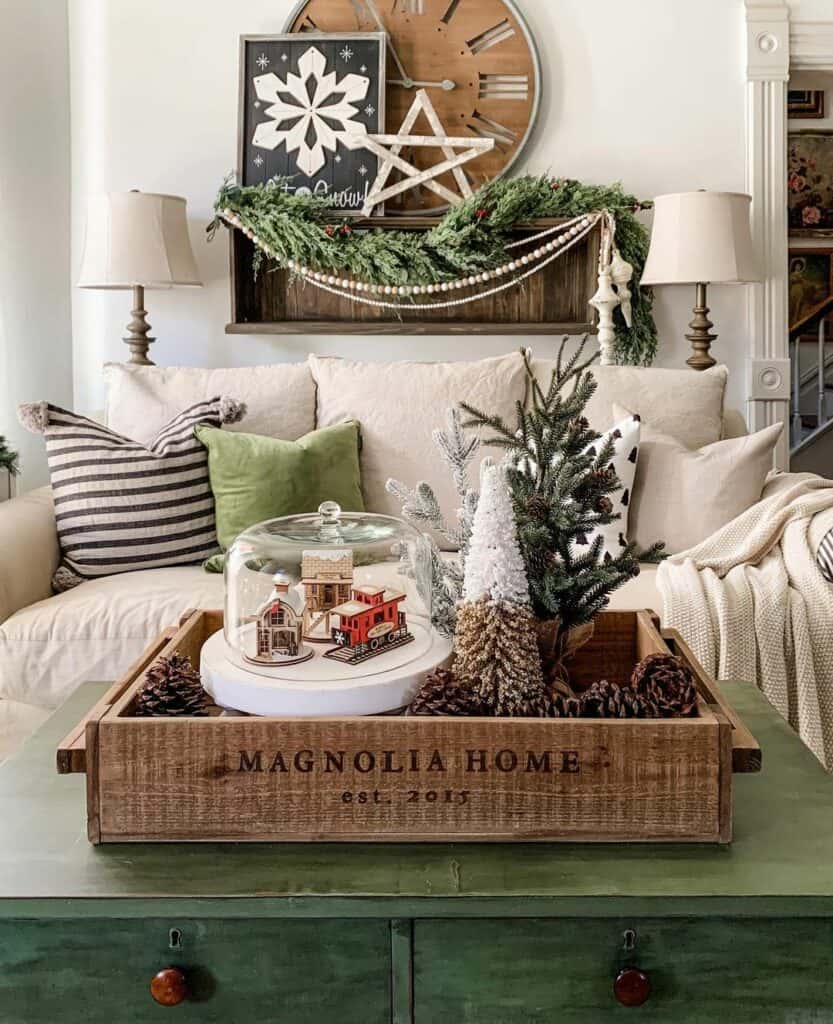 Wood Centerpiece Tray on Green Coffee Table