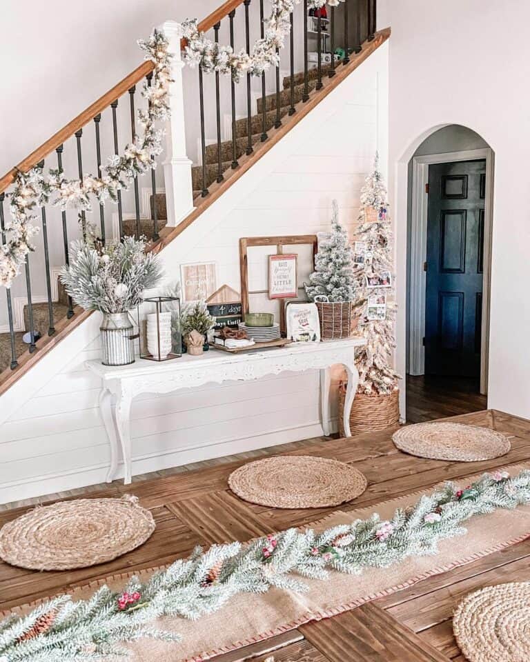 Wood Farmhouse Table with White Shiplap Wall