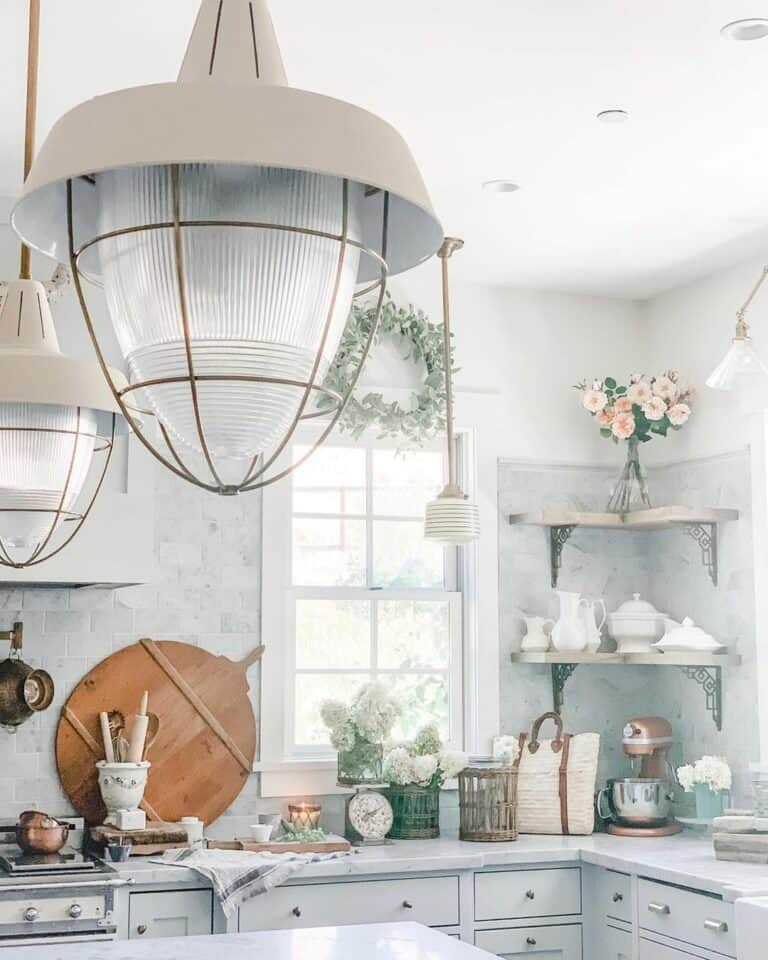 Wood Floating Corner Shelves Against Grey Kitchen Backsplash