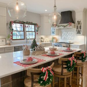 Wood Frame Kitchen Windows with Christmas Decorations
