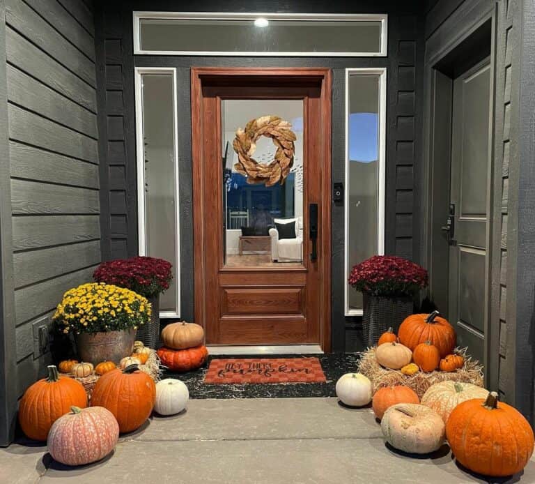 Wood Front Door with Sidelights and Transom on Grey Porch