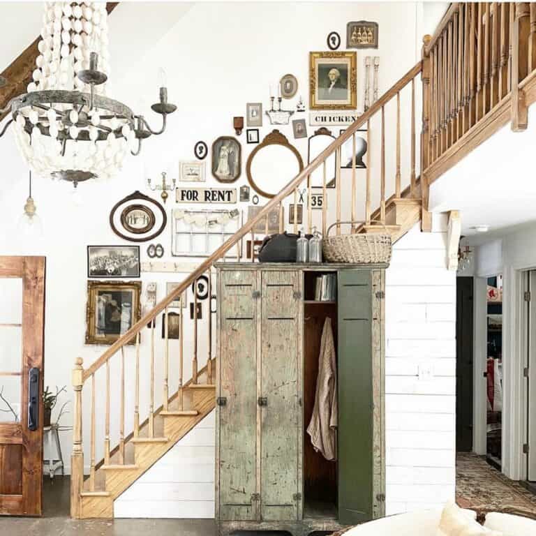 Wood Lockers In Front of a Staircase Gallery Wall