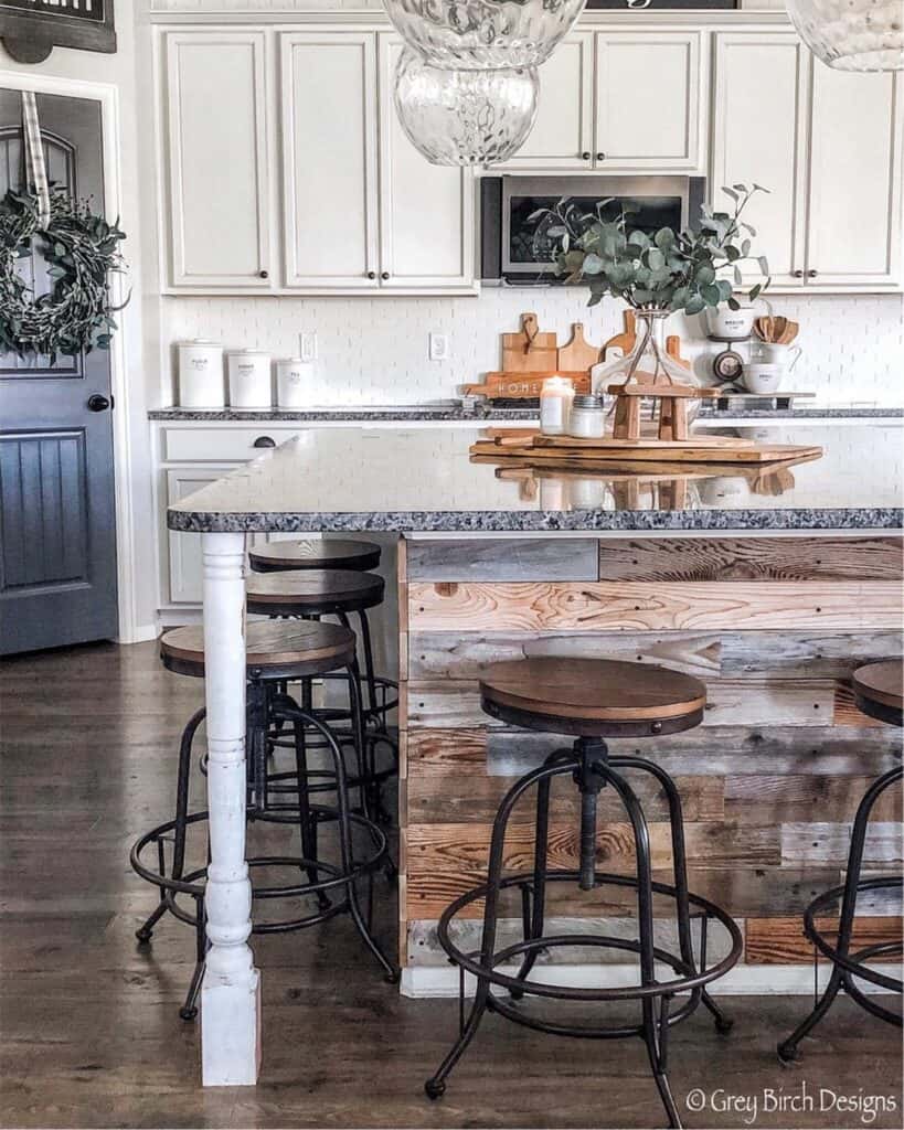 Wood Shiplap Island With Gray Countertop